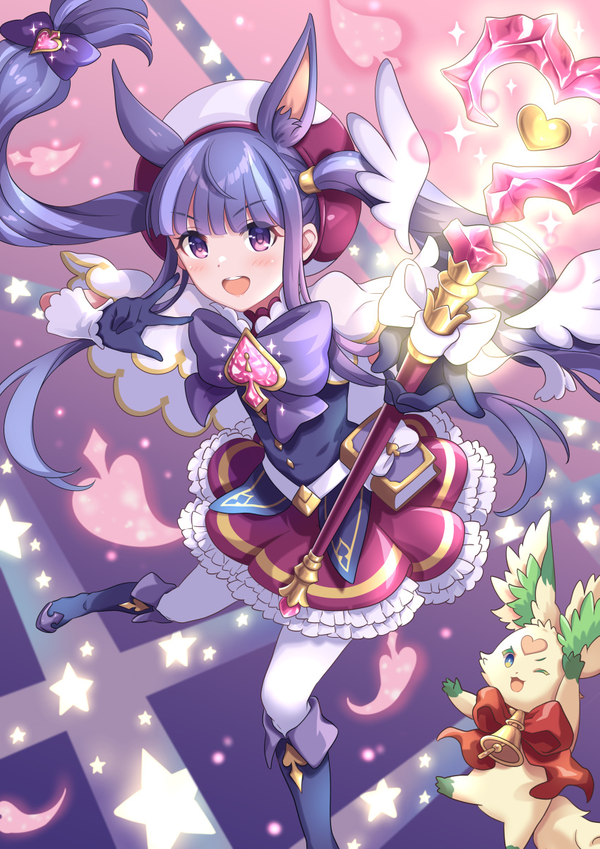 absurdres, animal_ears, arm_up, bell, blush, character_request, closed_mouth, commentary_request, dog_ears, gloves, heart, highres, holding, kasumi_(princess_connect!), leggings, long_hair, magical_girl, open_mouth, princess_connect!, purple_hair, tsukachii, twintails, violet_eyes, white_leggings