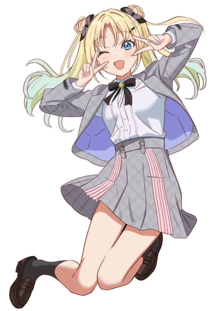 1girl, ;d, black_bow, black_ribbon, blazer, blonde_hair, blue_eyes, blue_hair