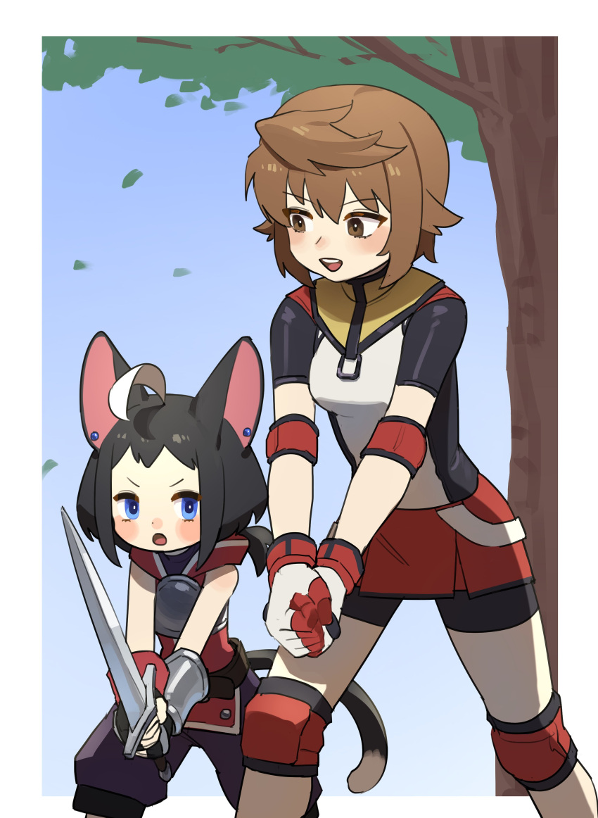 2girls, :d, :o, absurdres, ahoge, animal_ear_piercing, animal_ears, bike_shorts