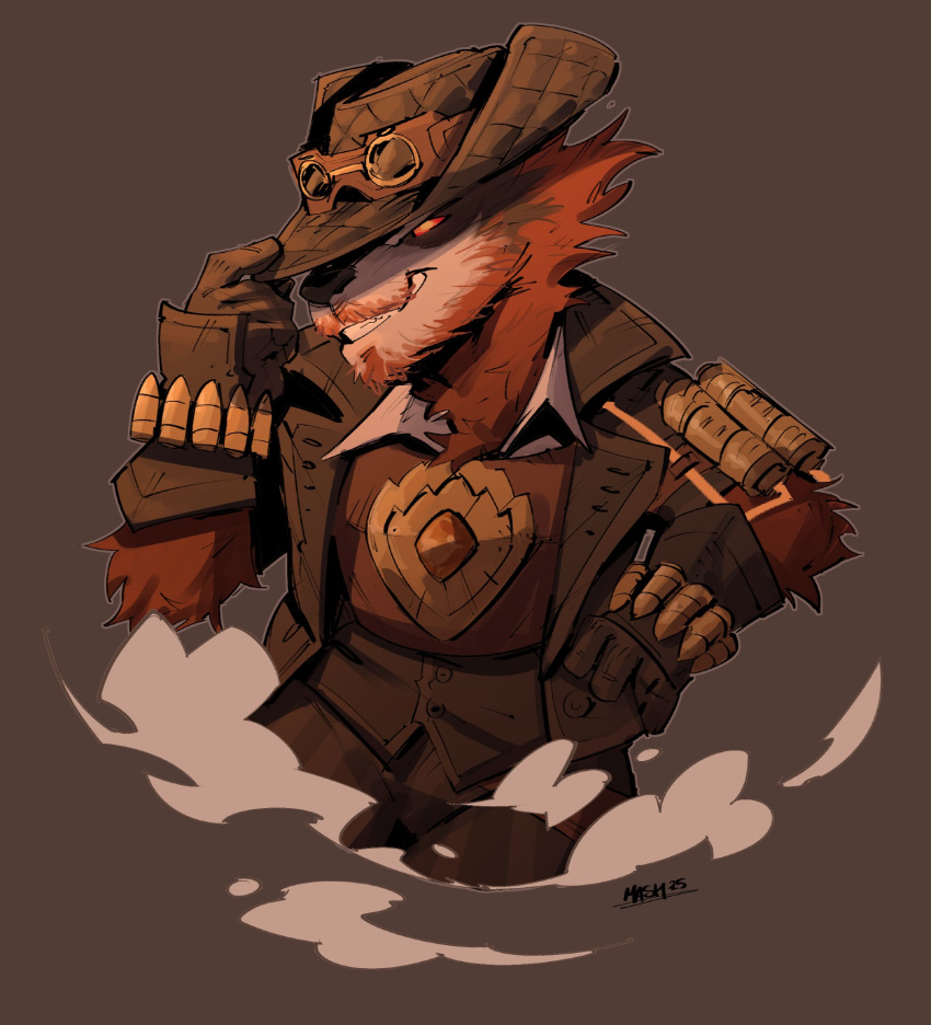 1boy, artist_name, brown_background, brown_gloves, cowboy_hat, dated, english_commentary, furry, furry_male, gloves, goggles, goggles_on_headwear, hand_on_own_hip, hat, highres, male_focus, marvel, marvel_rivals, mashtateos, profile, raccoon_boy, red_eyes, rocket_raccoon, rocket_raccoon_(bounty_hunter)_(marvel_rivals), smile