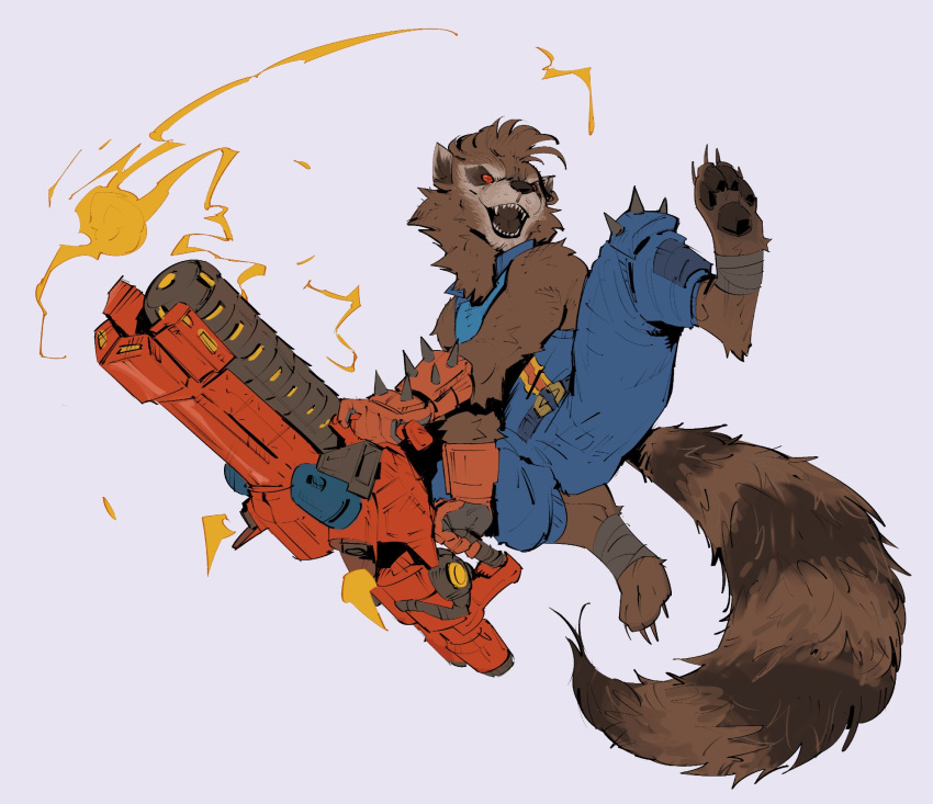 1boy, animal_ears, claws, english_commentary, fangs, furry, furry_male, gloves, gun, highres, holding, holding_gun, holding_weapon, male_focus, marvel, marvel_rivals, mashtateos, open_mouth, pawpads, raccoon_boy, raccoon_ears, raccoon_tail, red_eyes, red_gloves, rocket_raccoon, shirt, sleeveless, sleeveless_shirt, spiked_gloves, tail, weapon, white_background
