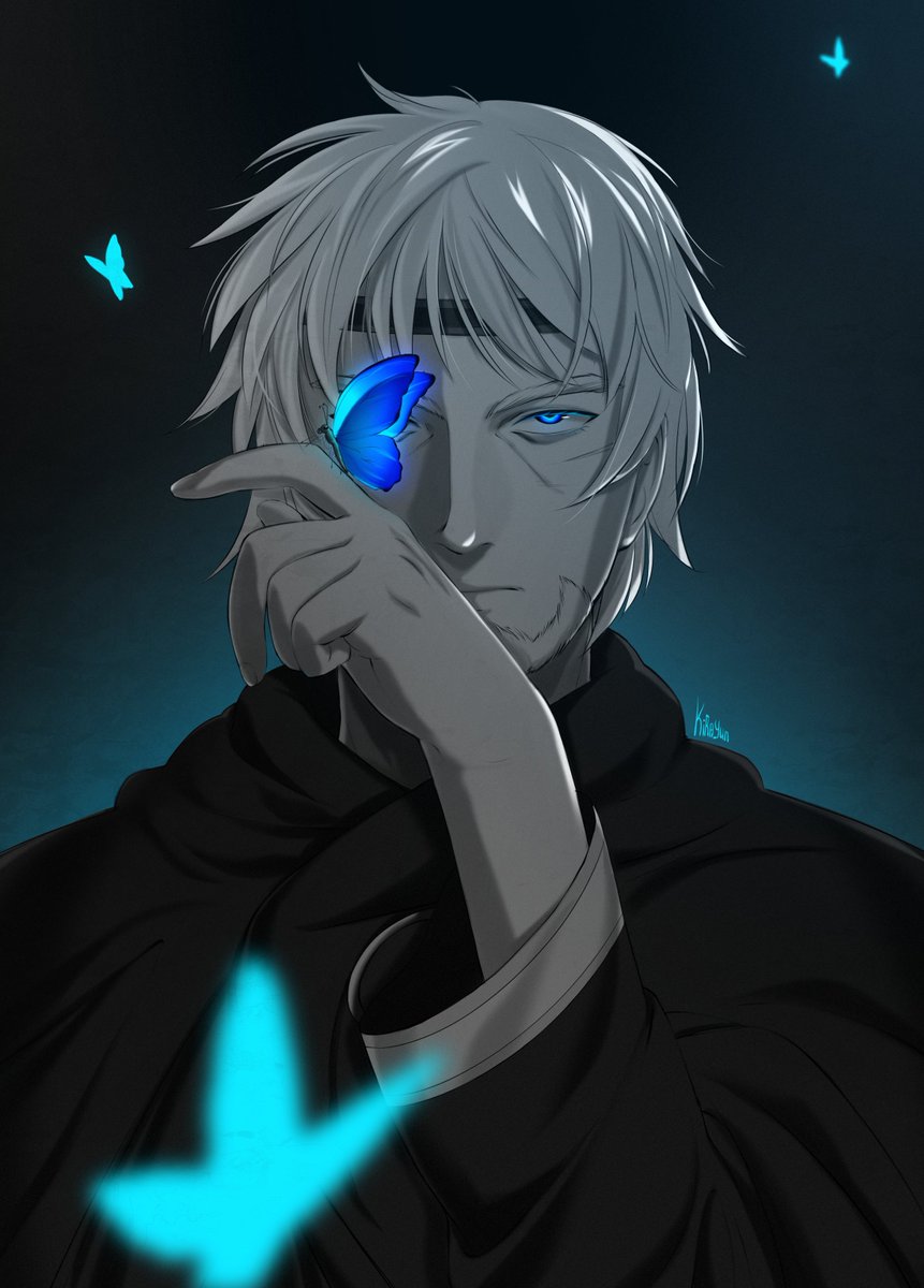 1boy, aquiline_nose, blue_butterfly, blue_eyes, blue_theme, bug, butterfly, butterfly_on_hand