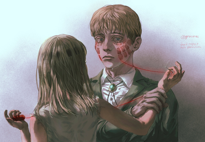 1boy, 1girl, armin_arlert, blonde_hair, blue_eyes, emblem, highres, jacket, long_sleeves, needle, paradis_military_uniform, perok_(grasiras), sewing, sewing_needle, shingeki_no_kyojin, shirt, short_hair, spoilers, symbolism, tearing_up, thread, upper_body, ymir_fritz