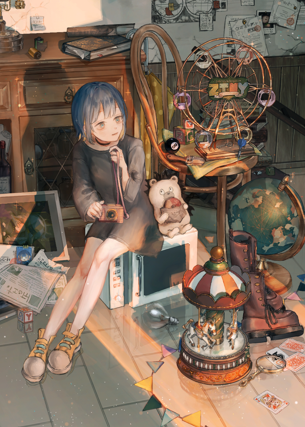 1boy, 1girl, aqua_eyes, ball, billiard_ball, black_choker, black_shirt, blonde_hair