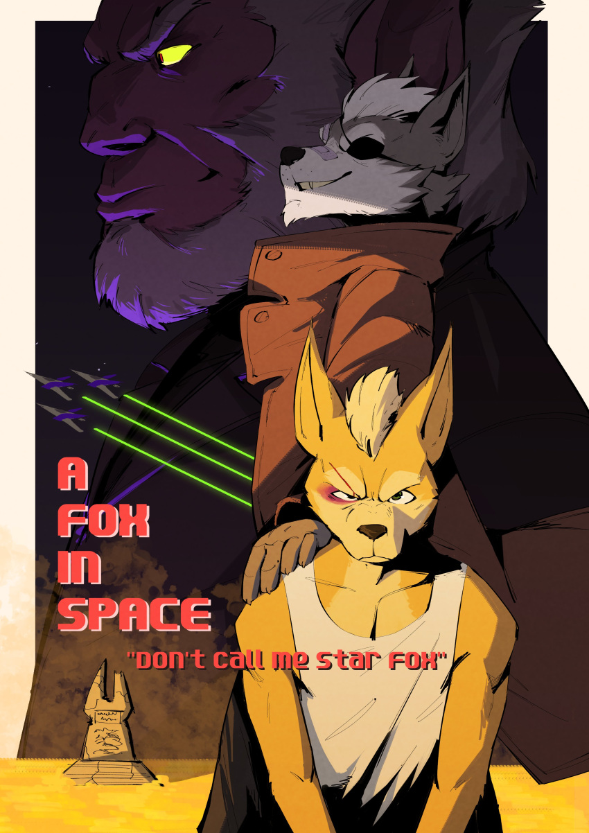 3boys, a_fox_in_space, absurdres, andross, angry, animal_ears, arwing, brown_coat, bruise, bruised_eye, closed_mouth, coat, colored_sclera, english_commentary, eyepatch, fox_boy, fox_ears, fox_mccloud, furry, furry_male, highres, injury, male_focus, mashtateos, monkey_boy, monkey_ears, multiple_boys, profile, red_eyes, shirt, sleeveless, sleeveless_shirt, smile, star_fox, tank_top, tombstone, white_tank_top, wolf_boy, wolf_ears, wolf_o'donnell, yellow_sclera