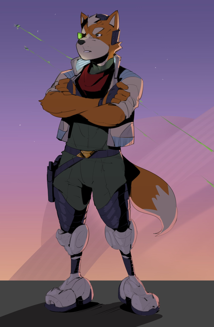 1boy, absurdres, animal_ears, arwing, bodysuit, crossed_arms, dusk, english_commentary