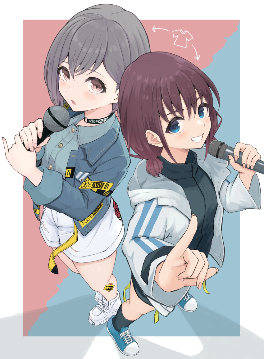 2girls, \m/, absurdres, arrow_(symbol), bang_dream!, bang_dream!_it's_mygo!!!!!, black_shirt, black_shorts