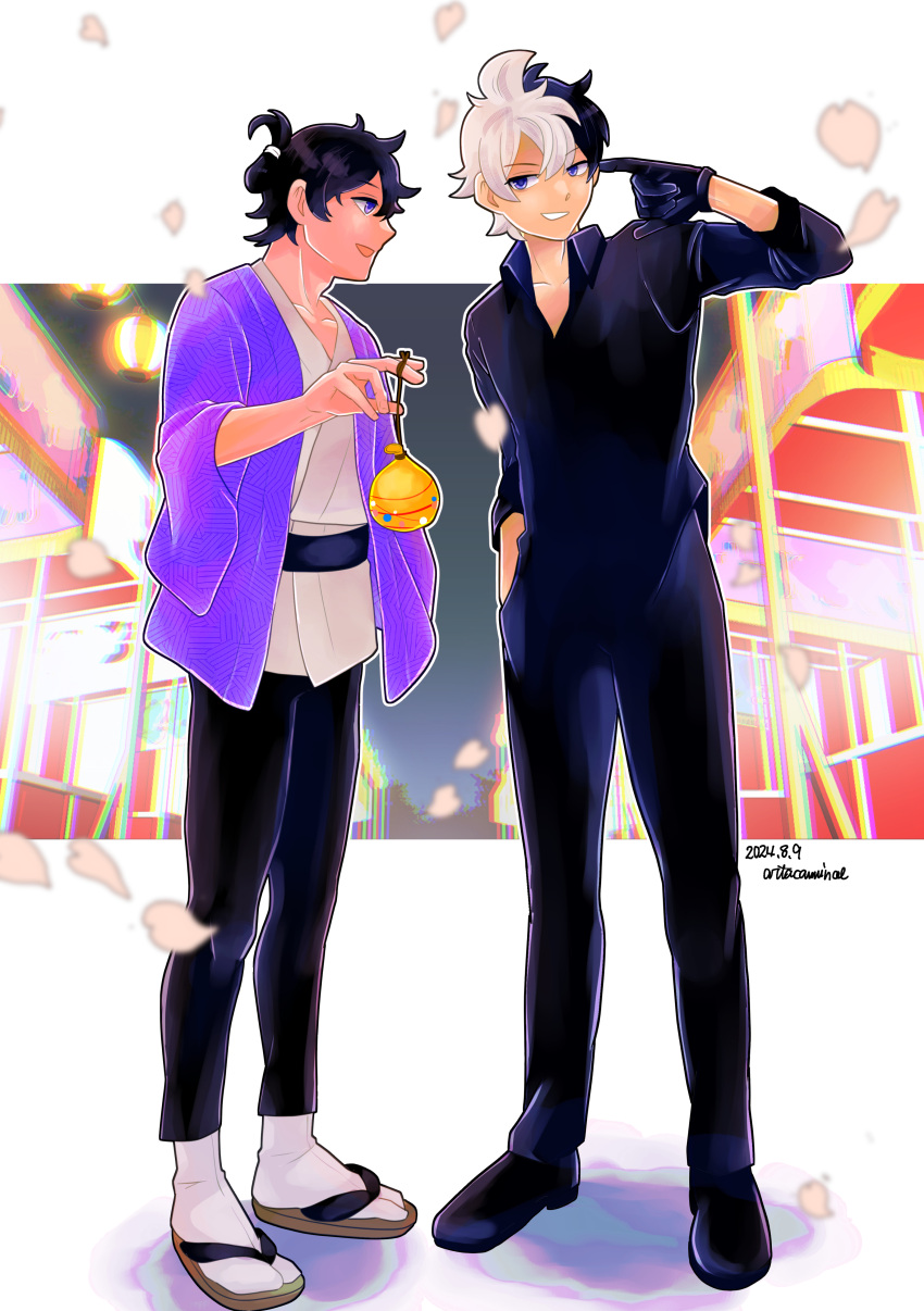2boys, absurdres, artacaminae, artist_name, black_hair, black_pants, blue_eyes, choujou_meguru