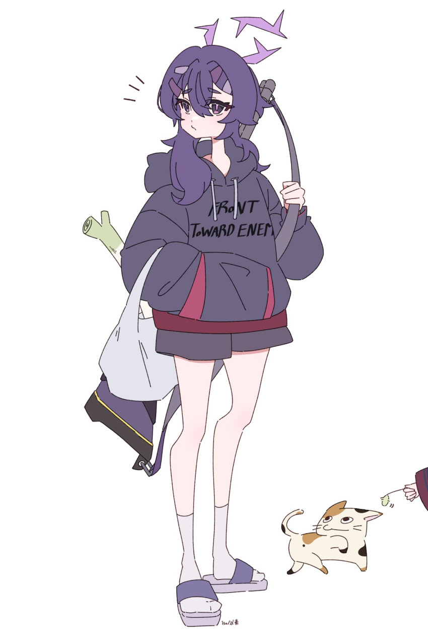 2girls, alternate_costume, bag, blue_archive, cat, english_text, gun, halo, haruka_(blue_archive), highres, hood, hoodie, iso_999, kayoko_(blue_archive), looking_to_the_side, multiple_girls, purple_hair, purple_halo, sandals, shopping_bag, simple_background, socks, spring_onion, violet_eyes, weapon, white_background