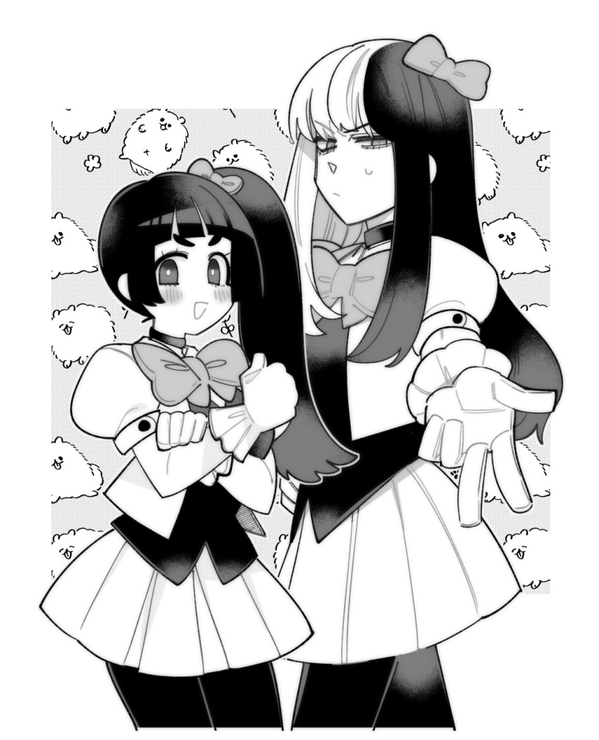 2girls, :d, black_pantyhose, bow, choujou_meguru, choujun!_choujou_senpai, dog, dress