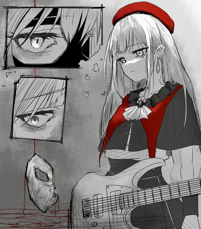 1girl, ascot, bang_dream!, bang_dream!_it's_mygo!!!!!, brooch, capelet, earrings, electric_guitar