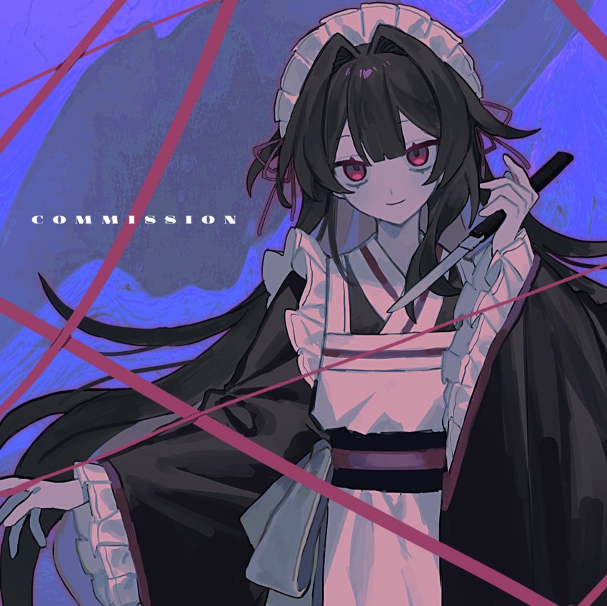 1girl, black_hair, black_kimono, closed_mouth, commentary, commission, frilled_headwear, hair_intakes