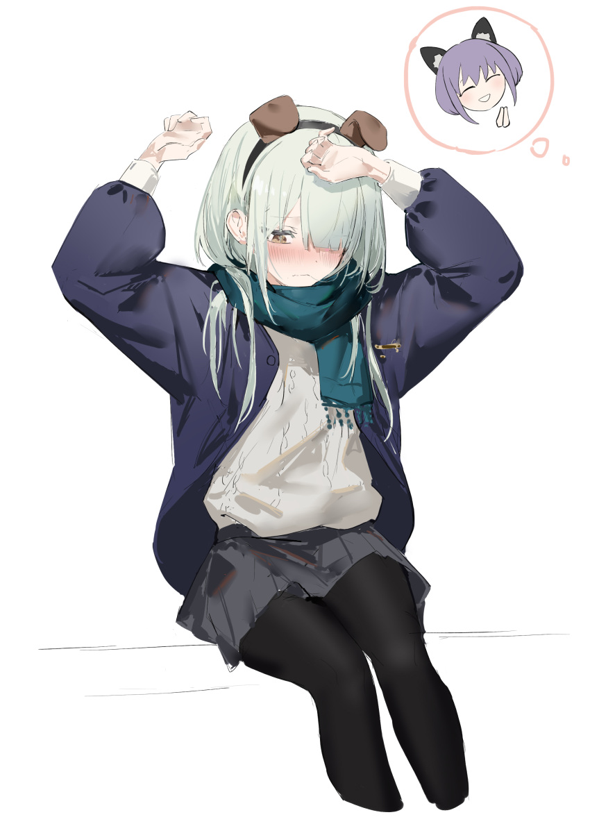 2girls, ^_^, absurdres, alternate_costume, animal_ear_fluff, animal_ear_hairband, animal_ears, arms_up
