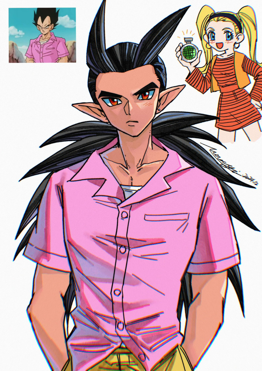 1boy, 1girl, :d, black_hair, black_hairband, blonde_hair, blue_eyes, bulma