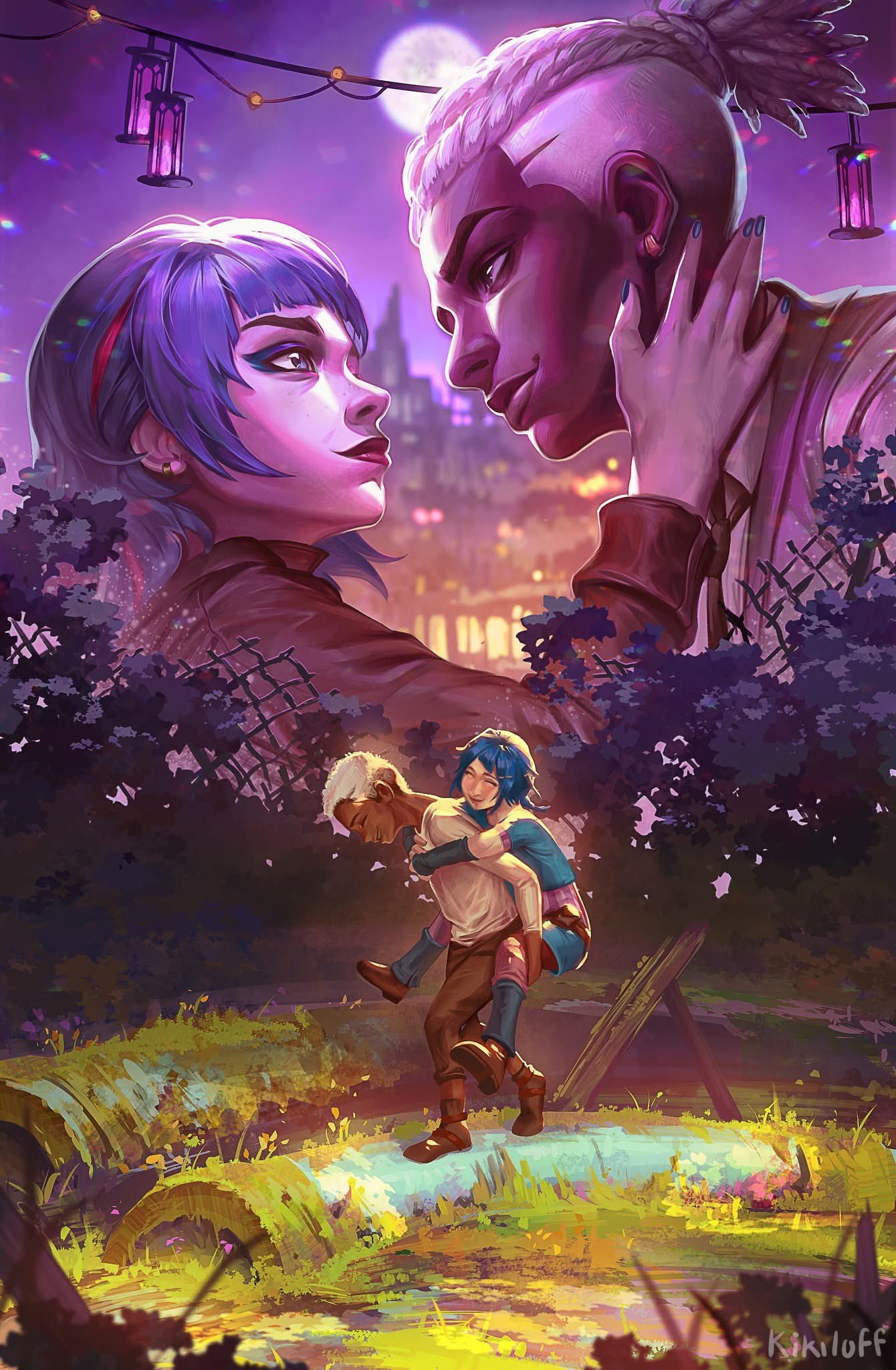 1boy, 1girl, arcane:_league_of_legends, artist_name, brown_footwear, brown_pants, bush, child