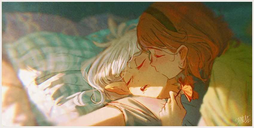 2girls, absurdres, artist_name, asimov_(spindle_(aidenr0)), black_hairband, blurry_edges, border, brown_hair, closed_eyes, drooling, elf, flower, green_shirt, grey_shirt, hairband, head_on_pillow, highres, holding, holding_flower, kiss, kissing_cheek, medium_hair, multiple_girls, open_mouth, original, ottilie_(spindle_(aidenr0)), pointy_ears, red_flower, shirt, short_sleeves, sleeping, spindle_(aidenr0), teeth, upper_teeth_only, white_border, white_hair, yuri