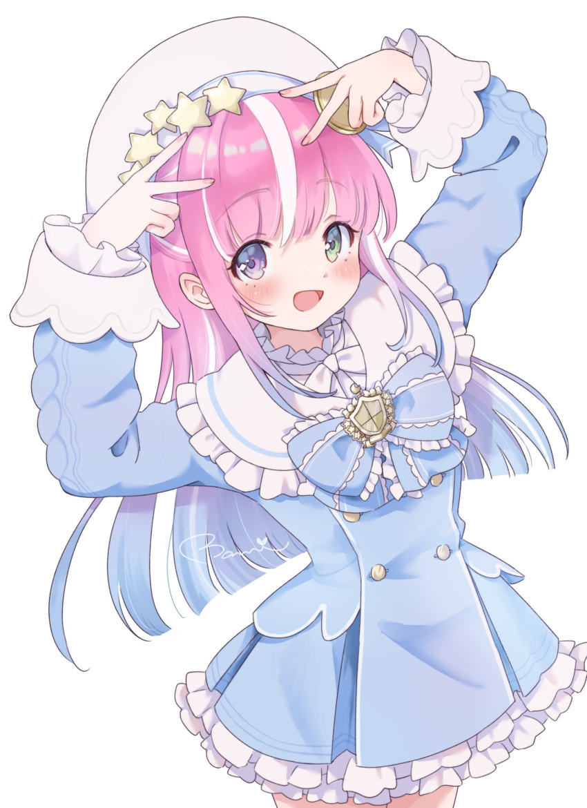 1girl, beret, blue_bow, blue_dress, blue_hair, blush, bow, brooch