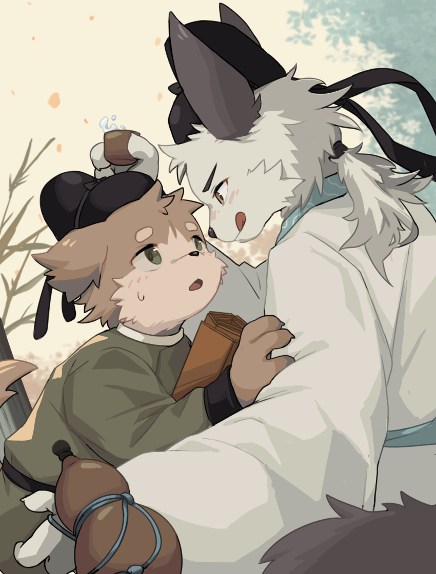 2boys, acnhiti, bamboo_slips, chinese_clothes, cup, du_fu_(shi_ci_dong_wu_cheng), furry, furry_male