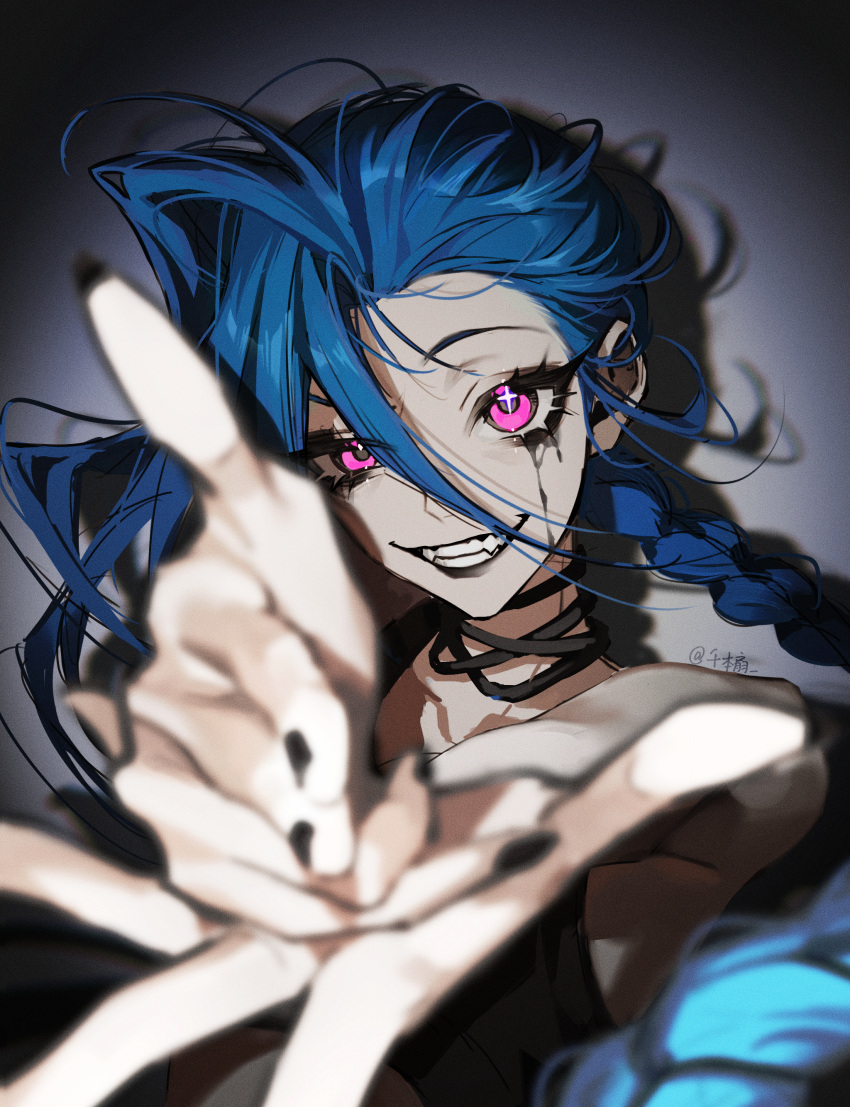1girl, absurdres, arcane:_league_of_legends, arcane_jinx, artist_name, asymmetrical_hair, black_lips, black_nails