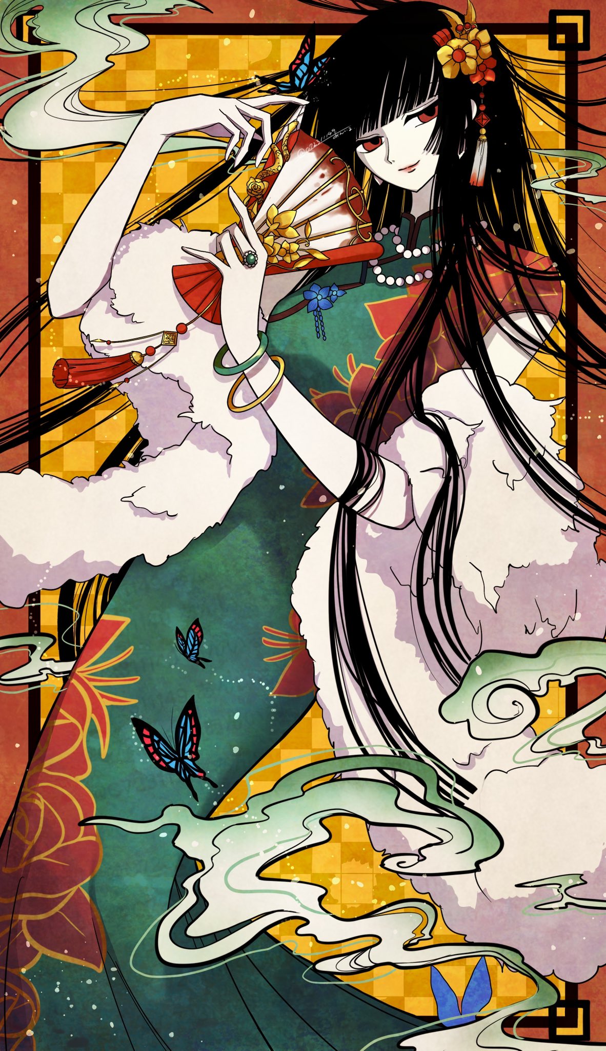 1girl, animal_print, aniru, black_hair, blunt_bangs, border, bracelet, breasts