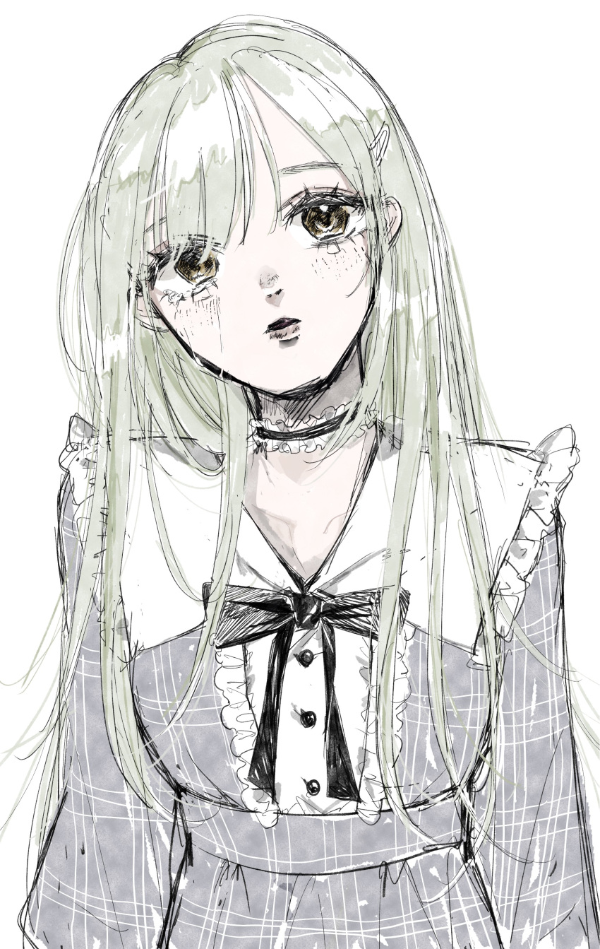 1girl, absurdres, bang_dream!, bang_dream!_it's_mygo!!!!!, black_choker, black_ribbon, blue_dress, blush