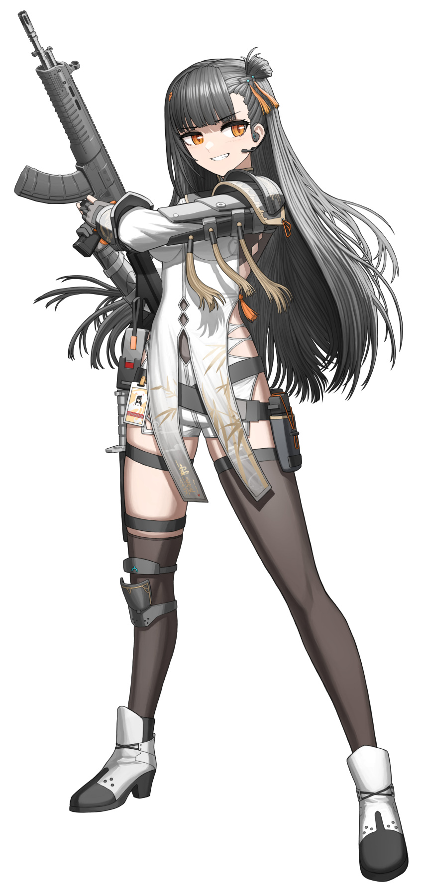1girl, absurdres, arm_armor, armor, assault_rifle, asymmetrical_legwear, black_footwear, black_hair