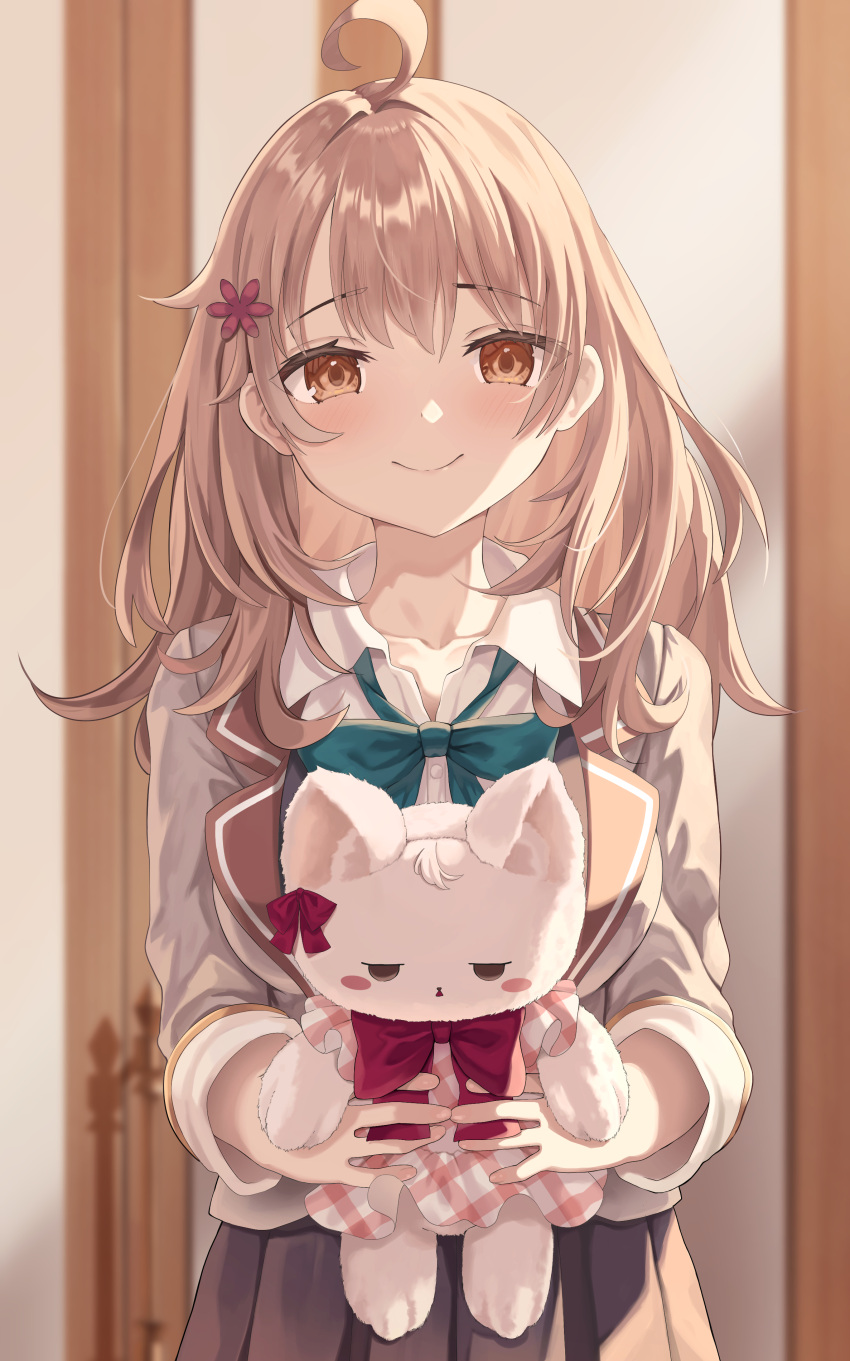 1girl, absurdres, ahoge, aqua_bow, aqua_bowtie, bow, bowtie, brown_eyes