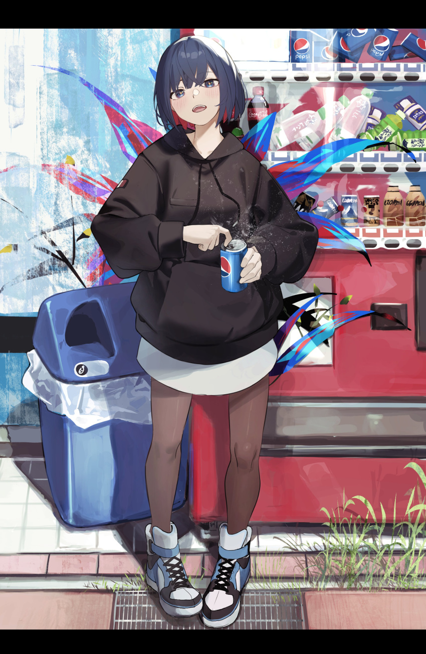1girl, absurdres, black_hoodie, black_pantyhose, blue_hair, blunt_bangs, blush, bob_cut
