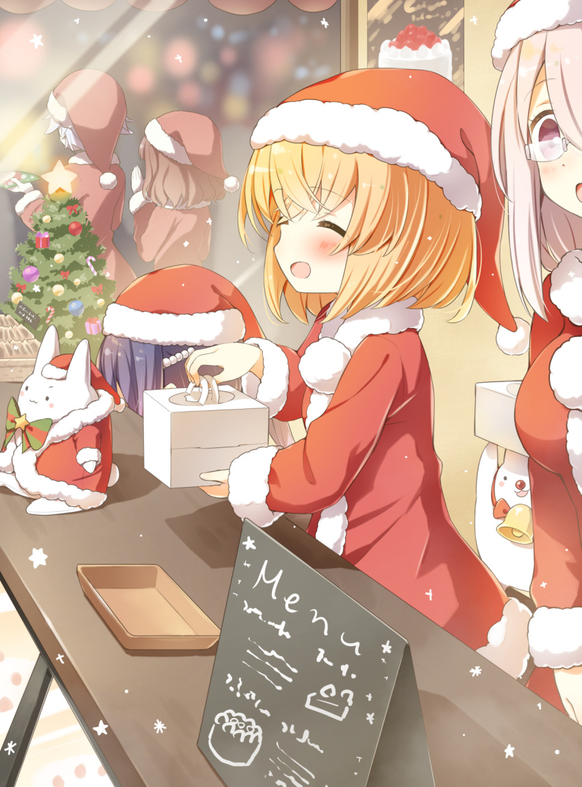1other, 5girls, anne_happy, blonde_hair, blue_hair, blurry, blush, box