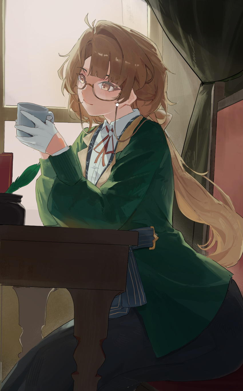 05ghxsu, 1girl, absurdres, black_skirt, brown_eyes, brown_hair, chair, closed_mouth