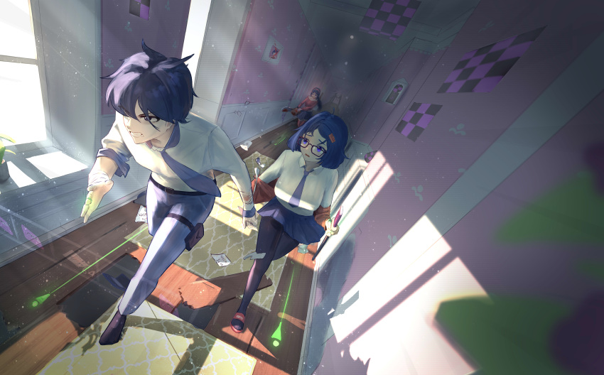 1boy, 2girls, absurdres, black_footwear, black_hair, blood, blue_eyes, blue_hair