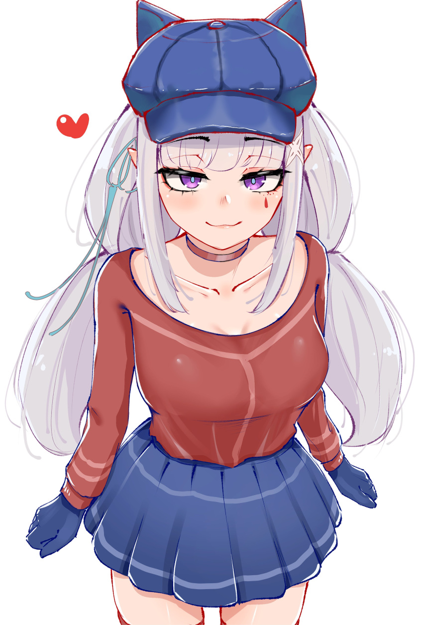 1girl, absurdres, animal_ear_headwear, animal_hat, babywipes, blue_gloves, blue_hat, blue_pupils, blue_skirt, blush, breasts, cool_mita_(miside), cool_mita_(miside)_(cosplay), cosplay, facial_mark, gloves, hair_ribbon, hat, heart, highres, long_hair, long_sleeves, looking_at_viewer, mark_under_eye, medium_breasts, miside, mita_(miside), re:zero_kara_hajimeru_isekai_seikatsu, red_sweater, red_thighhighs, ribbon, shirt, skirt, smile, solo, sweater, tattoo, teardrop_facial_mark, teardrop_tattoo, thigh-highs, twintails, violet_eyes, white_background