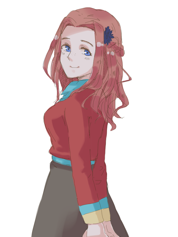 1girl, arms_behind_back, blue_eyes, blue_flower, blue_shirt, brown_skirt, closed_mouth, commentary_request