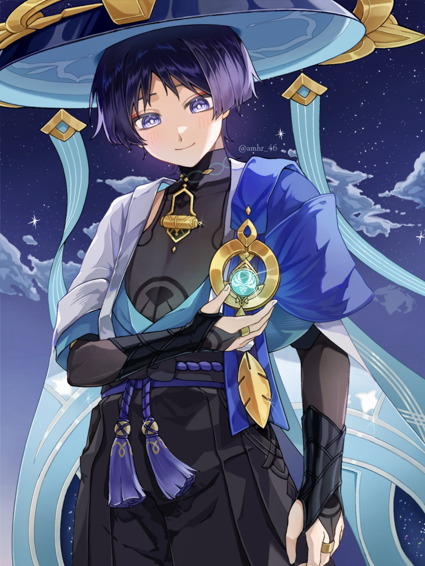 1boy, amhr_46, anemo_symbol_(genshin_impact), arm_at_side, armor, belt, black_belt, black_bodysuit, black_bow, black_bridal_gauntlets, black_shorts, blue_cape, blue_gemstone, blue_hat, blue_kimono, blue_sleeves, blunt_ends, bodysuit, bow, bridal_gauntlets, bright_pupils, cape, closed_mouth, clouds, cloudy_sky, eyeliner, eyeshadow, feathers, fingernails, gem, genshin_impact, gold, gold_ring, hakama, hakama_shorts, han'eri, hat, highres, japanese_armor, japanese_clothes, jingasa, kimono, kote, kurokote, layered_kimono, layered_sleeves, light_blush, looking_at_object, looking_down, makeup, male_focus, middle_ring, night, night_sky, open_clothes, open_kimono, pleated_shorts, pom_pom_(clothes), purple_hair, purple_rope, purple_sash, red_eyeliner, red_eyeshadow, rope, sash, scaramouche_(genshin_impact), short_sleeves, shorts, shoulder_peek, sky, smile, solo, star_(sky), starry_sky, tassel, turtleneck, turtleneck_bodysuit, twitter_username, upper_body, violet_eyes, vision_(genshin_impact), wanderer_(genshin_impact), white_kimono, white_pupils, white_sleeves, yellow_feathers