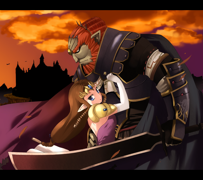 aro, blue_eyes, brown_hair, cape, ganondorf, height_difference, letterboxed, long_hair, nintendo, pointy_ears, princess_zelda, red_hair, redhead, sword, the_legend_of_zelda, twilight_princess, weapon