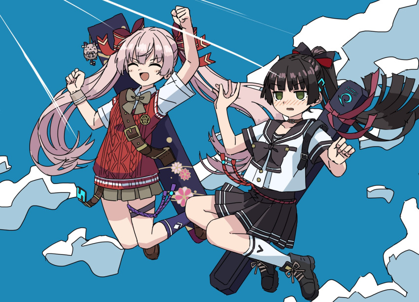 2girls, black_hair, blue_sky, blunt_bangs, clouds, cloudy_sky, green_eyes, heaven_burns_red