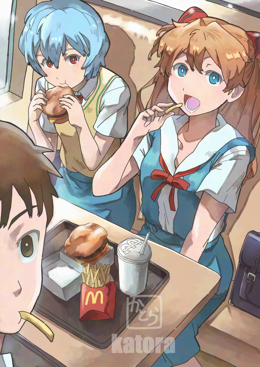 1boy, 2girls, ayanami_rei, blue_eyes, blue_hair, brown_eyes, burger, drink