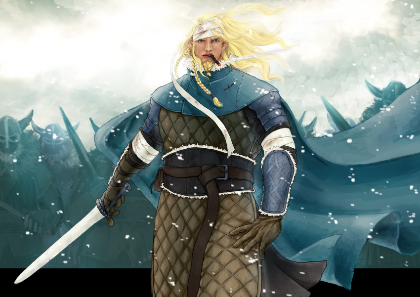 6+boys, bandaged_head, bandages, beard, blonde_hair, bracer, braid, braided_beard, brown_gloves, cape, cigar, day, facial_hair, fake_horns, gloves, helmet, highres, holding, holding_sword, holding_weapon, horned_helmet, horns, je-st, long_hair, male_focus, multiple_boys, outdoors, padded_armor, pixiv_fantasia, pixiv_fantasia_last_saga, smoking, snowing, standing, sword, weapon, yeori_(pixiv_fantasia_last_saga)