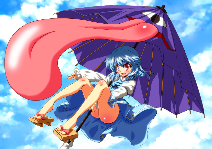 absurdres, blue_eyes, blue_hair, geta, heterochromia, highres, karakasa, karakasa_obake