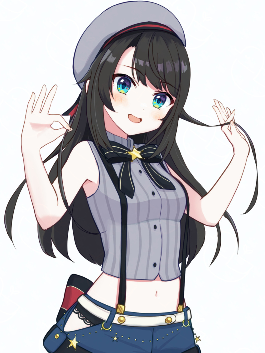 1girl, aqua_eyes, belt, beret, black_hair, blue_shorts, blush, grey_hat, grey_shirt, hachikuma_(waddle-d), hat, highres, hololive, looking_at_viewer, official_alternate_costume, official_alternate_hair_length, official_alternate_hairstyle, oozora_subaru, oozora_subaru_(work), open_mouth, shirt, shorts, sleeveless, sleeveless_shirt, smile, solo, suspender_shorts, suspenders, virtual_youtuber, white_background, white_belt