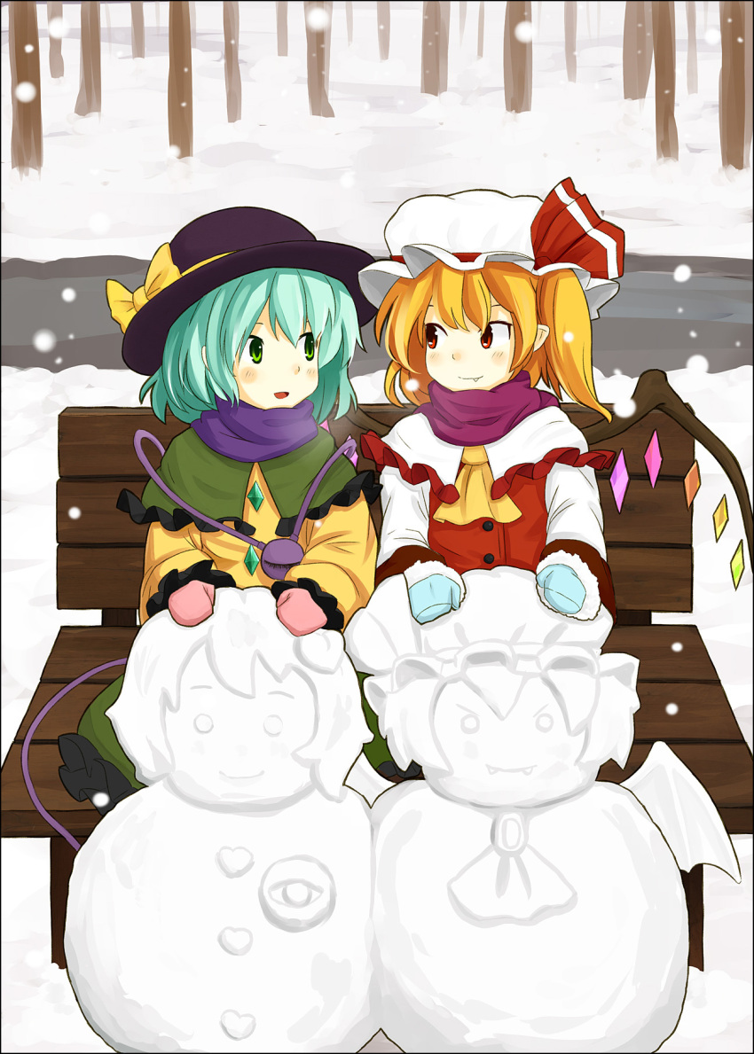 bench, fang, flandre_scarlet, hatomaru, highres, komeiji_koishi, komeiji_satori, mittens