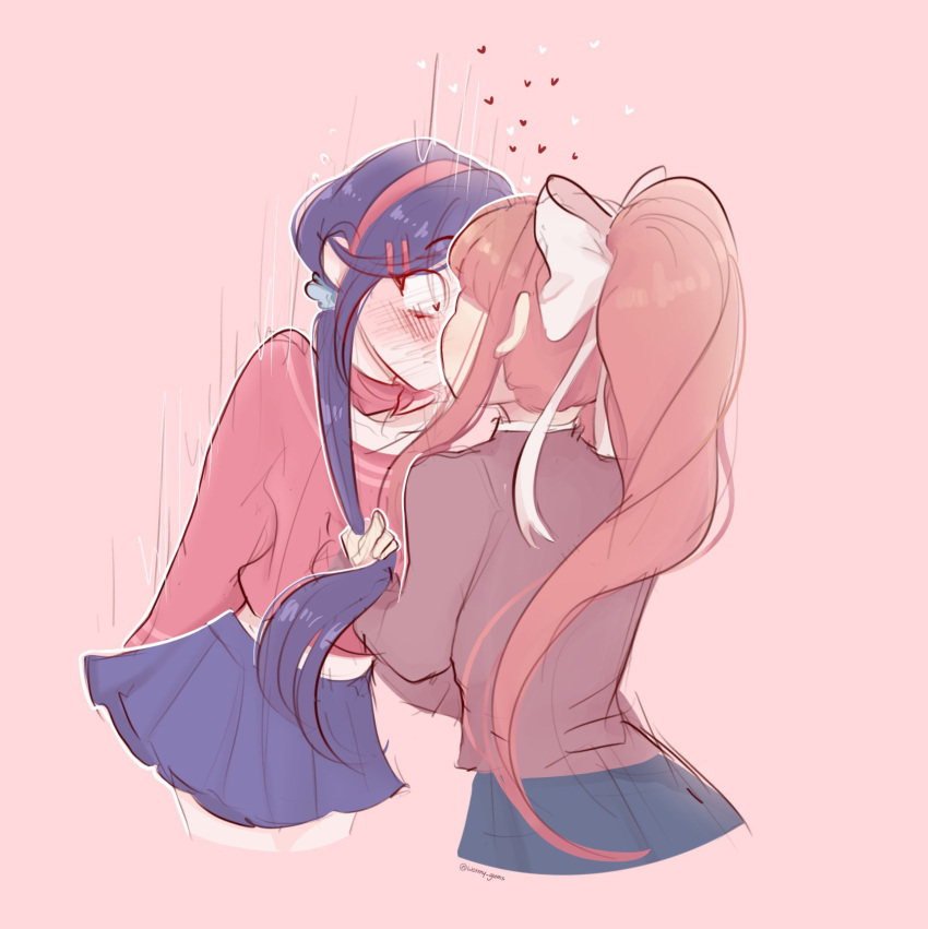 2girls, blue_eyes, blue_hair, bow, brown_jacket, doki_doki_literature_club, flower, grabbing_another's_hair