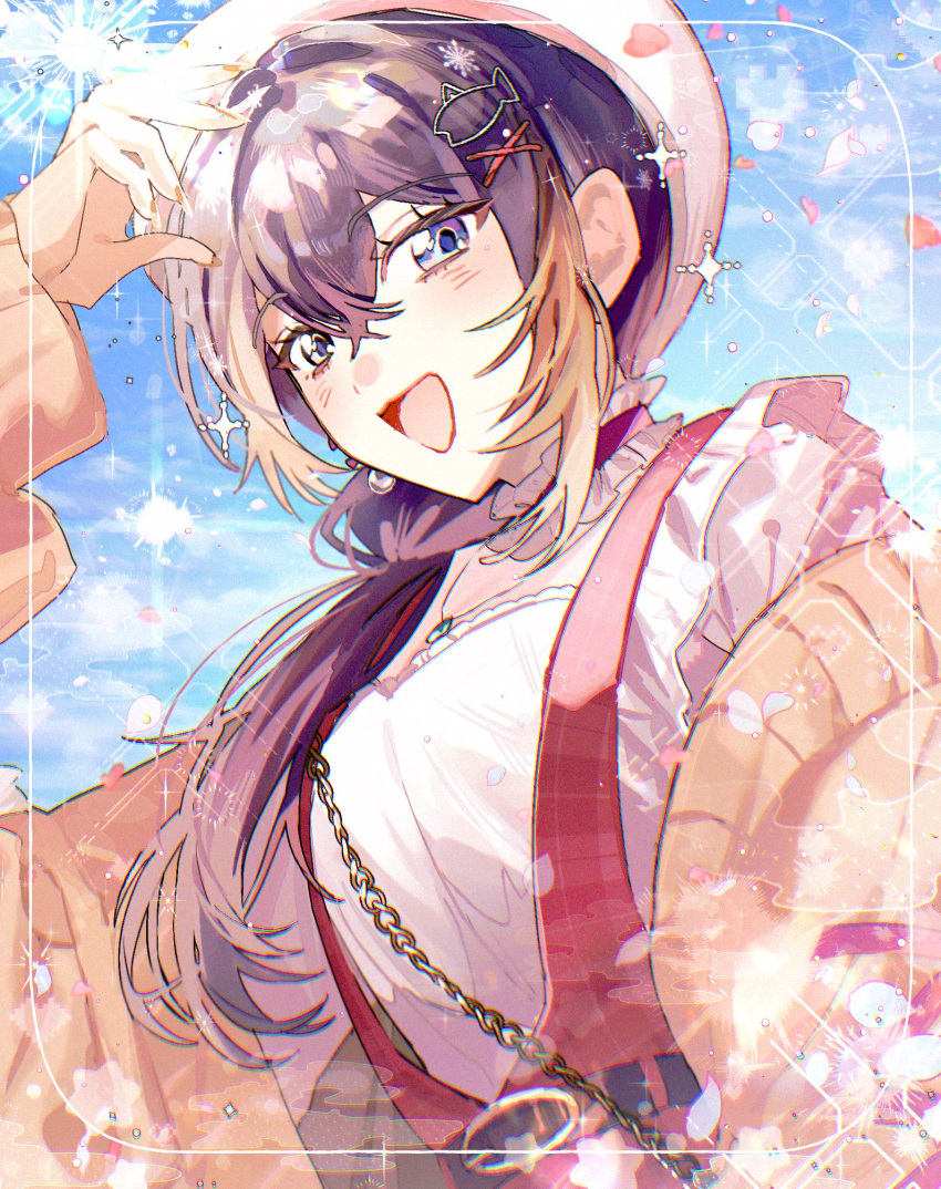 1girl, :d, beret, black_hair, blonde_hair, blush, breasts, falling_petals, fish_hair_ornament, hair_between_eyes, hair_ornament, hat, highres, long_hair, lrprr, medium_breasts, multicolored_hair, nijisanji, nijisanji_en, petals, petra_gurin, petra_gurin_(3rd_costume), smile, snowflake_hair_ornament, solo, sparkle, streaked_hair, sunlight, virtual_youtuber
