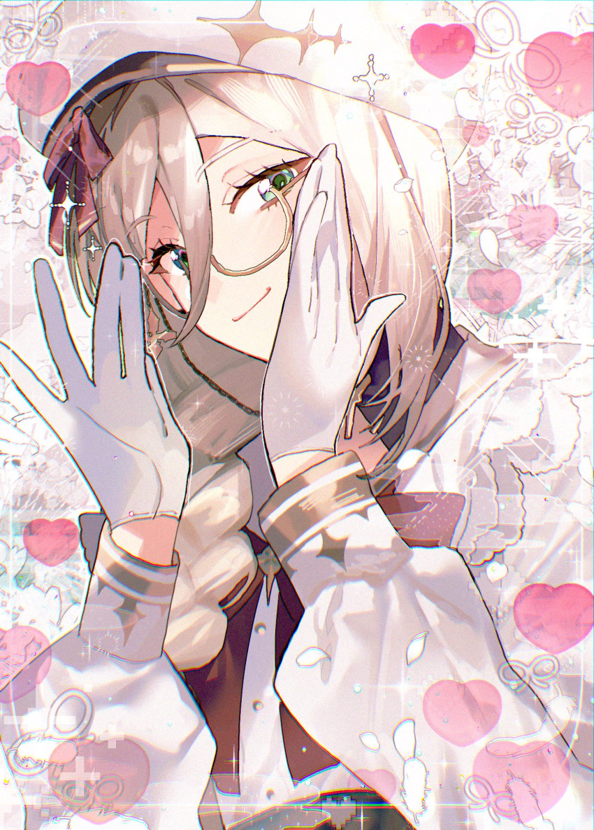 adjusting_eyewear, aia_amare, aia_amare_(1st_costume), beret, blonde_hair, braid, dress, glasses, gloves, green_eyes, hair_between_eyes, hat, heart, highres, light_blush, light_smile, long_hair, looking_at_viewer, lrprr, nijisanji, nijisanji_en, semi-rimless_eyewear, sparkle, virtual_youtuber, white_dress, white_gloves
