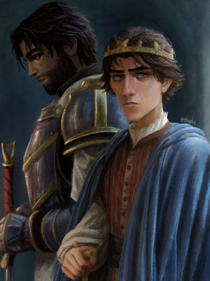 2boys, absurdres, alternate_universe, arcane:_league_of_legends, arm_up, armor, beard, belt