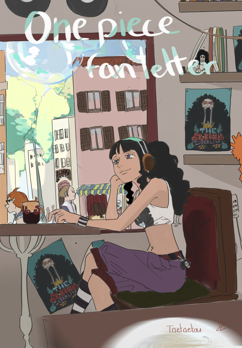 2girls, afro, black_hair, bookstore_part-timer, bracelet, brook_(one_piece), closed_mouth, copyright_name
