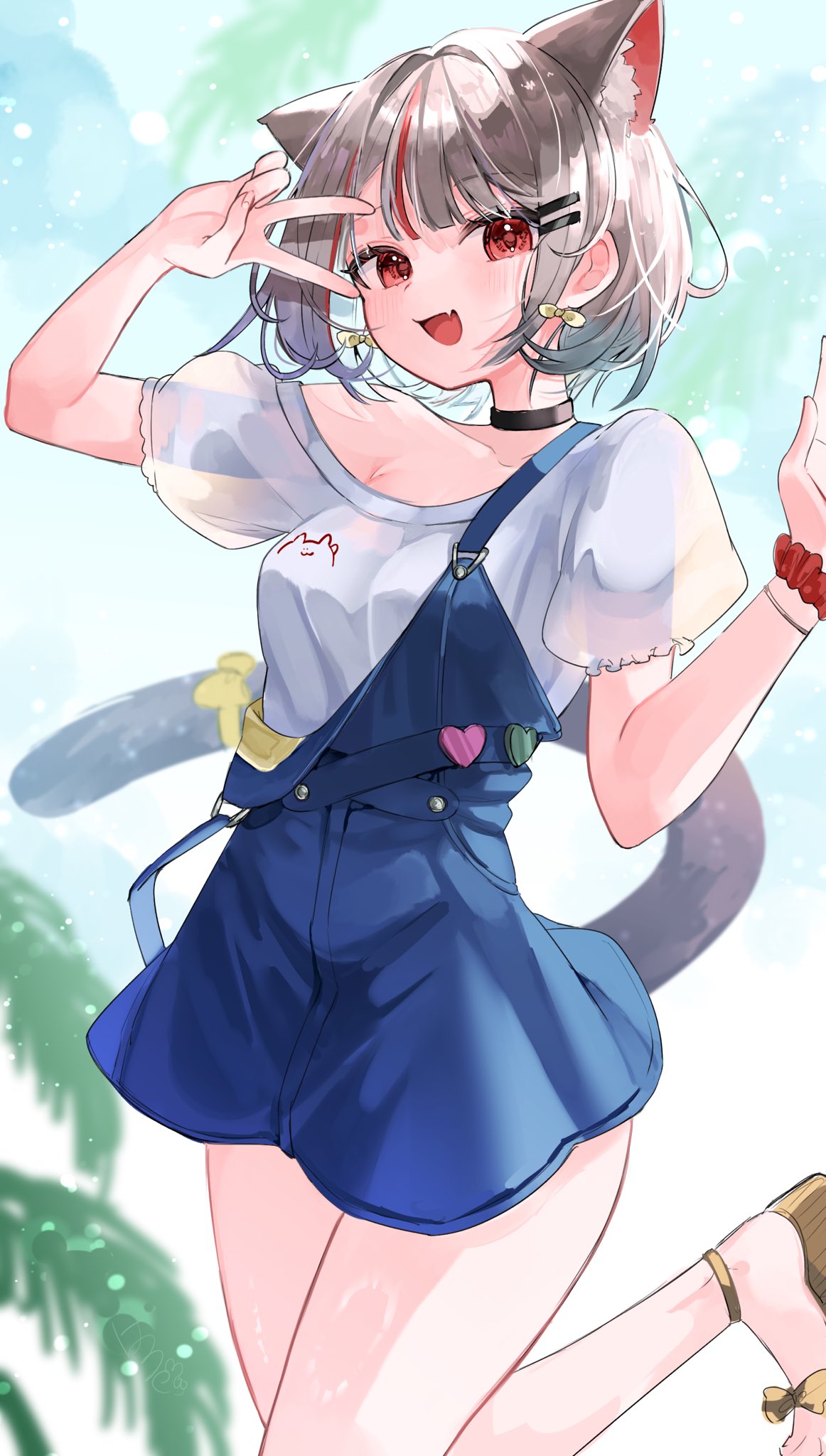 1girl, :d, animal_ears, black_choker, blue_overalls, blue_skirt, cat_ears, cat_girl
