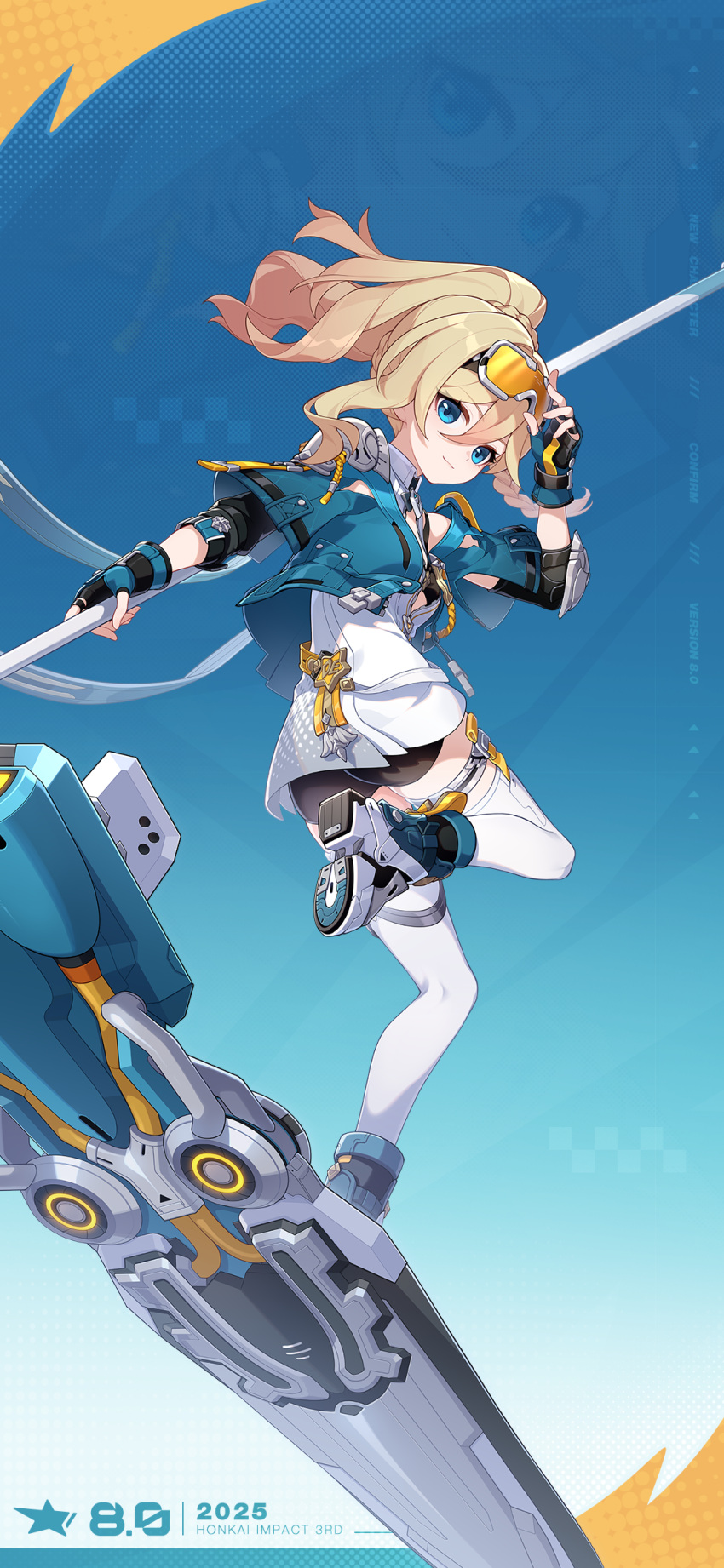 1girl, 2025, adjusting_eyewear, aged_down, aqua_gloves, aqua_jacket, blonde_hair, blue_eyes