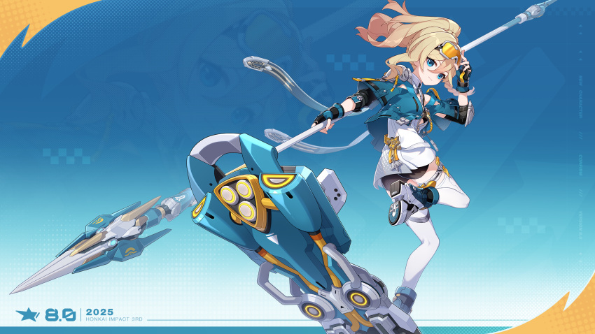 1girl, 2025, adjusting_eyewear, aqua_gloves, aqua_jacket, blonde_hair, blue_eyes, braid