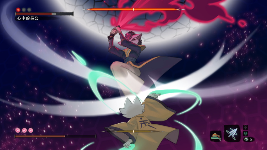 1boy, 1girl, boss_fight, cat_boy, cat_girl, chinese_commentary, commentary_request, eigong_(nine_sols)